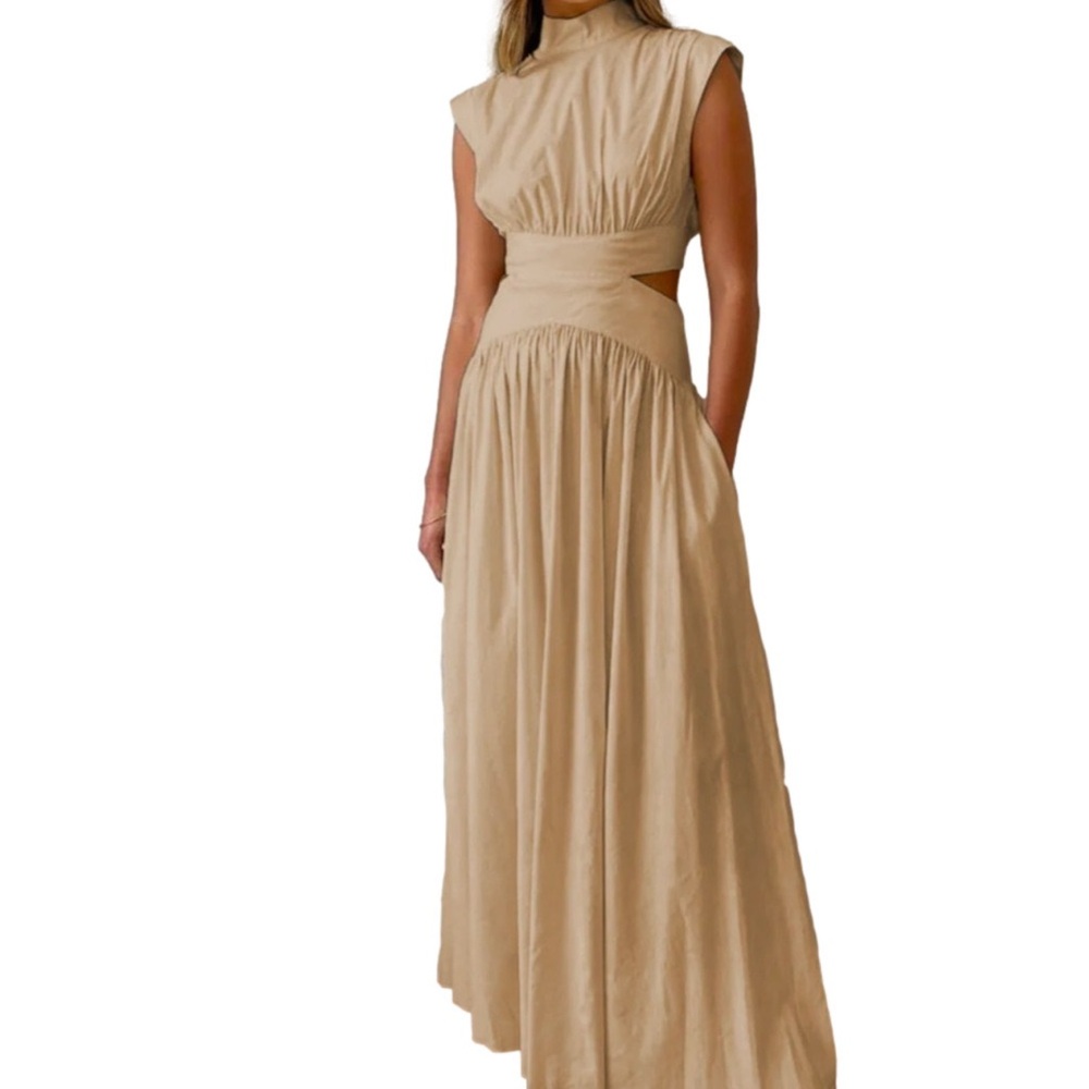 NWT Commense tan Pleated Ruched Maxi Gown